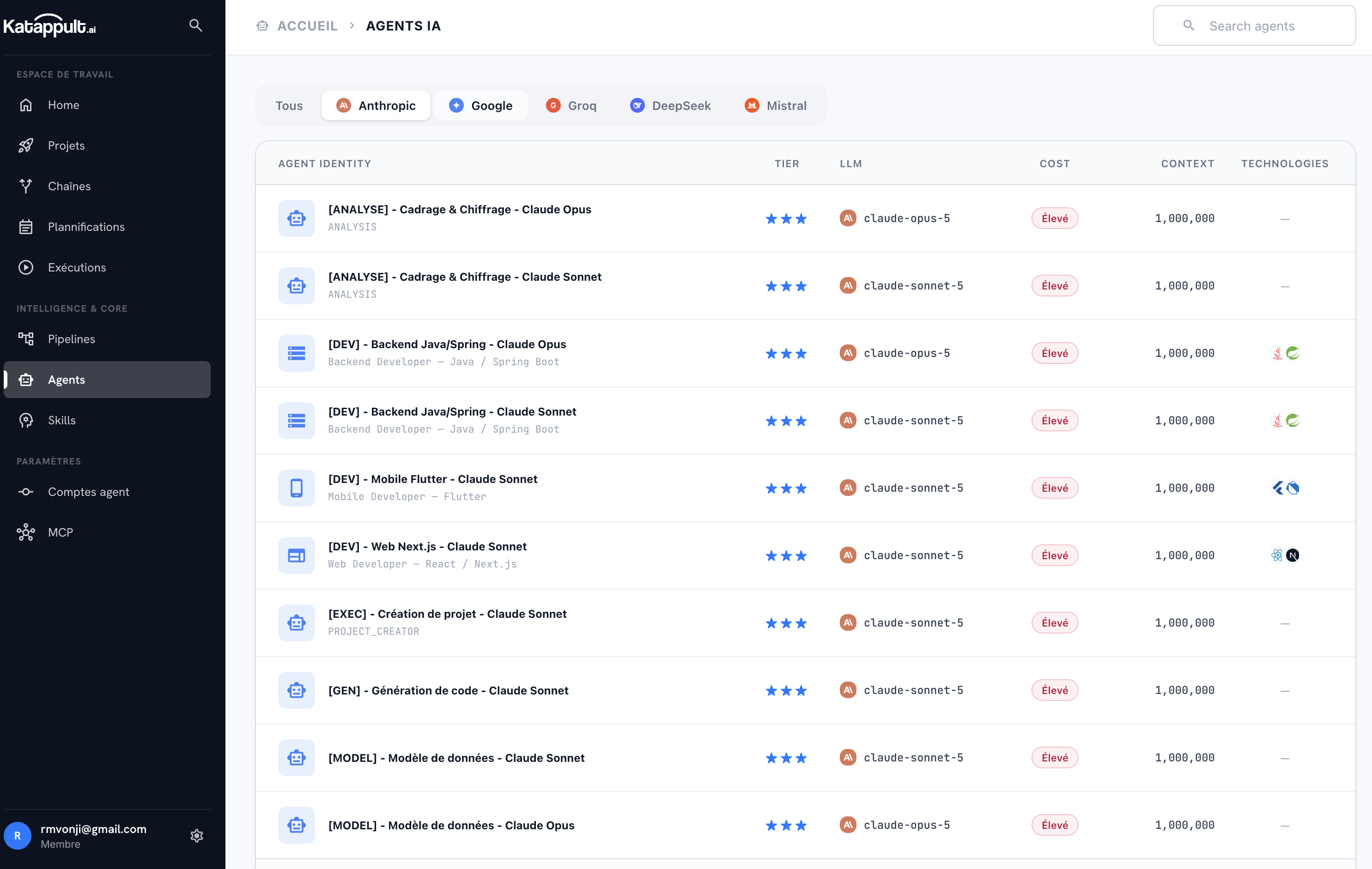 Capture d'écran du catalogue d'agents IA Katappult, filtrable par fournisseur (Anthropic, Google, Groq, DeepSeek, Mistral)